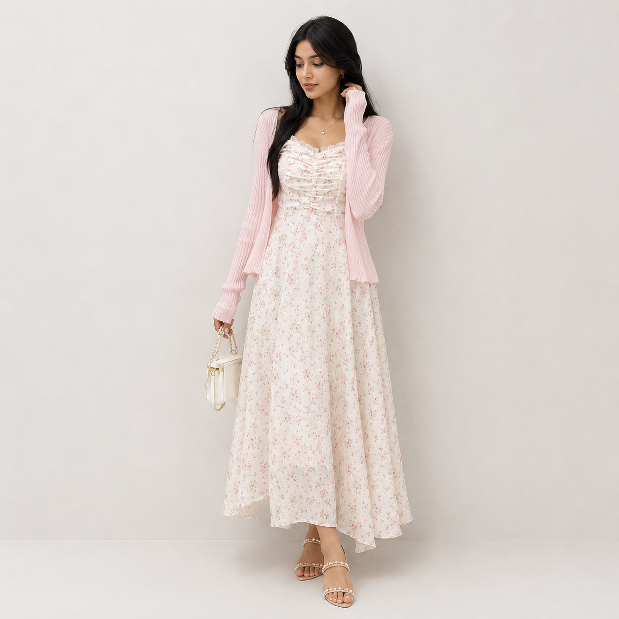 Pink Floral Maxi Dress with Cardigan